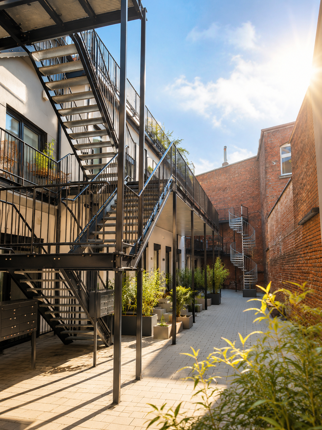Sonniger Innenhof der BHH Living Apartments in Düsseldorf-Friedrichstadt